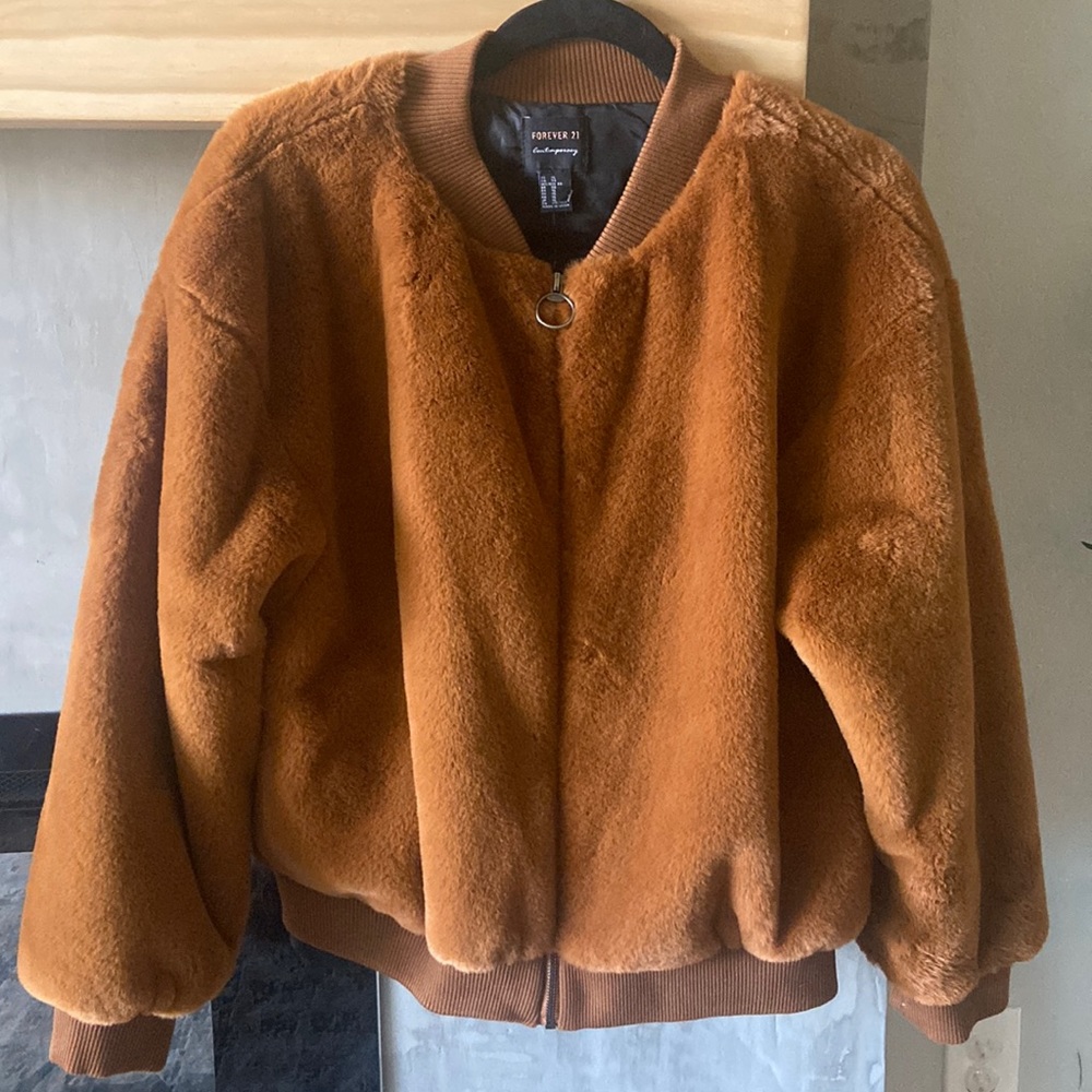 Camel, faux fur jacket, worn one time (tag in picture has been removed)